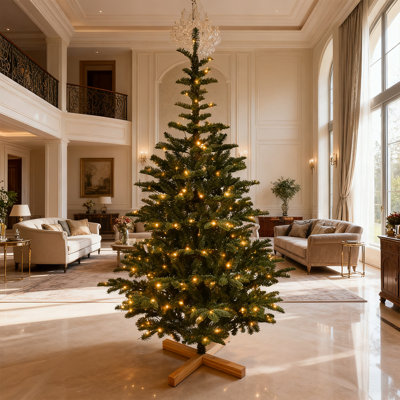 Arbre de Noël illuminé 8 pi, embouts réalistes en PE + PVC 1307, base en bois rustique - arbre de Noël artificiel pour la décoration intérieure