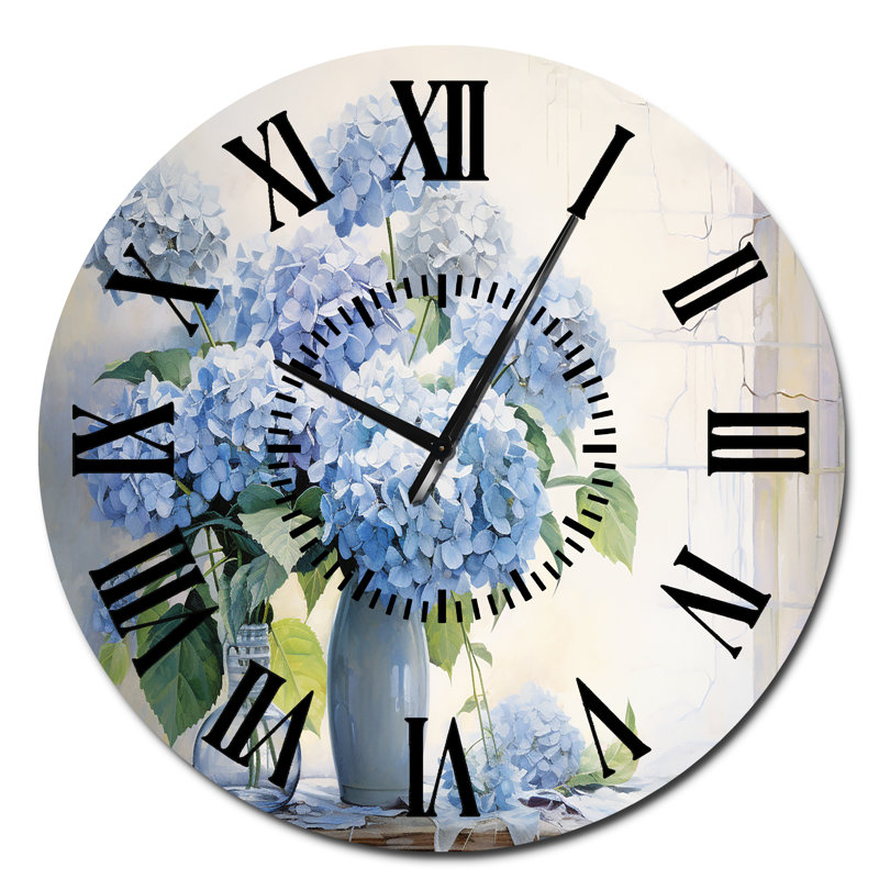 Horloge murale bleue à hortensias fermiers, Surdimensionné