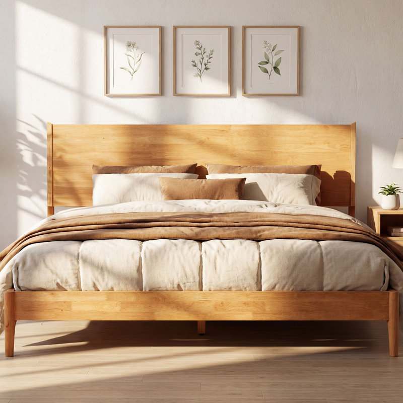 Haven King Solid Wood Bed Frame with Headboard, Natural Oak Finish Scandinavian Platform Bed All Mattress Support, 800 lbs Capacity
