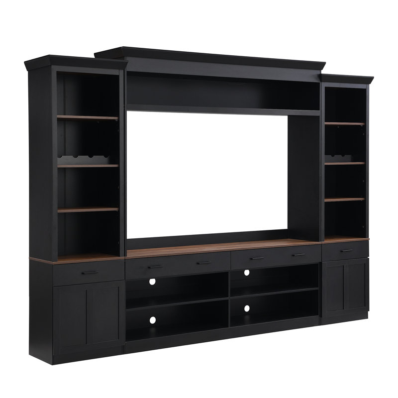 Farmhouse 4-Piece Entertainment Wall Unit Set With Bookshelf For Tvs Up To 70", Walnut TV Stand With Adjustable Shelves, Mid-Century Large Media Console With Wine Rack For Living Room