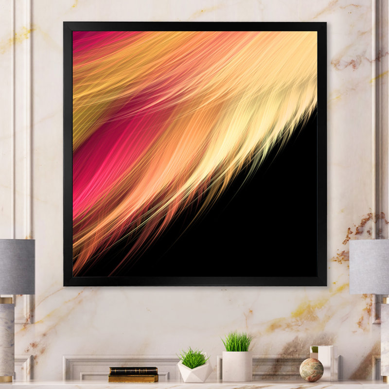 Plumes abstraites roses et oranges - sur, Toile avec cadre noir, H 16 po x l 16 po x P 1 po