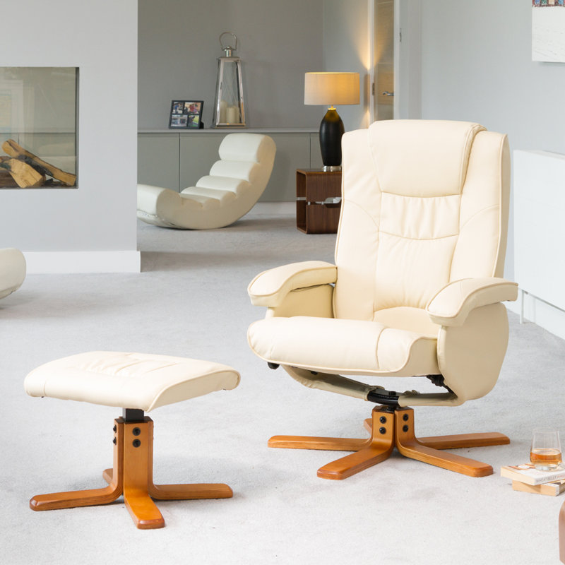 Worthen 73cm Wide Faux Leather Swivel Ergonomic Recliner, Cream