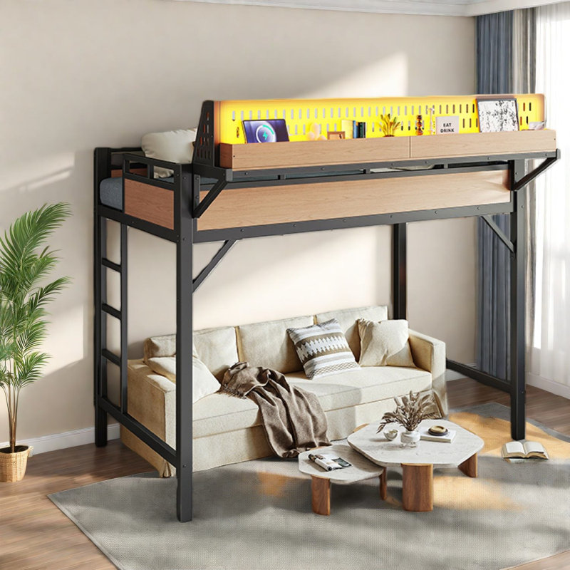Structure de lit simple de taille mezzanine avec tablettes de rangement et panneau perforé, lit mezzanine en métal avec ports USB et lumières DEL, sécuritaire et robuste, naturel