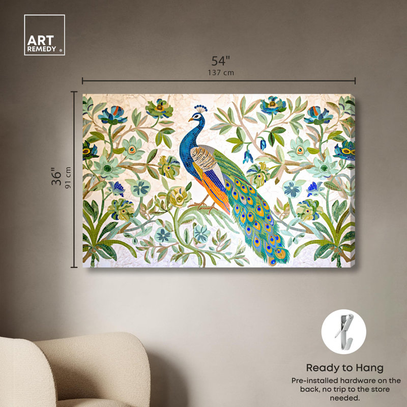 "Royal Peacock", impression sur toile rétro par Floral , H 36 po x l 54 po, Toile tendue avec châssis