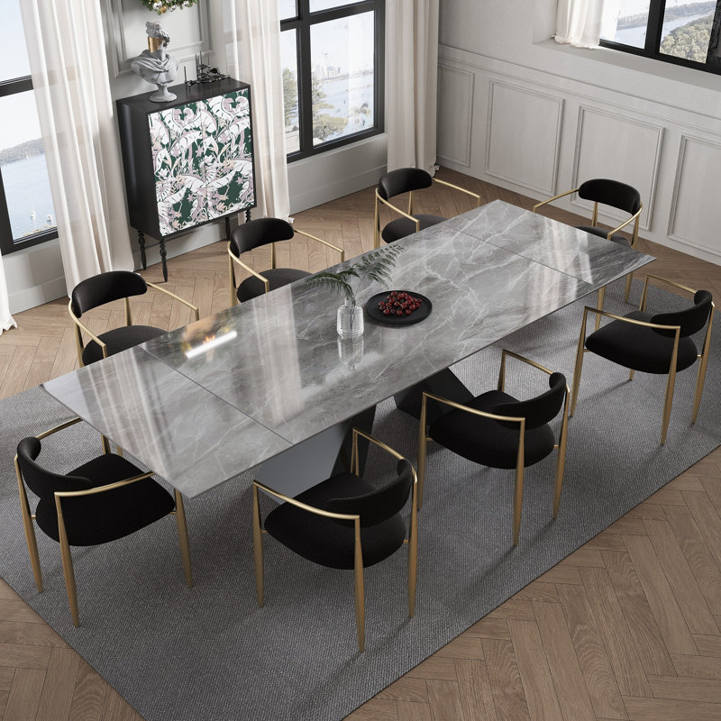 Ensemble de table de salle à manger 9 pièces Recline avec table de salle à manger extensible en pierre frittée de 110,23 po et 8 chaises en tissu