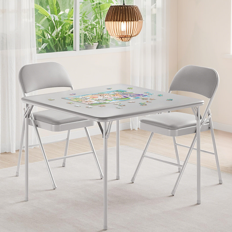 3-Piece Folding Dining Table Set with 2 Chairs - Space-Saving Square Card Table for Small Spaces, Metal Frame & PU Leather Upholstered Chairs, Modern Breakfast(Black/Beige/Gray)