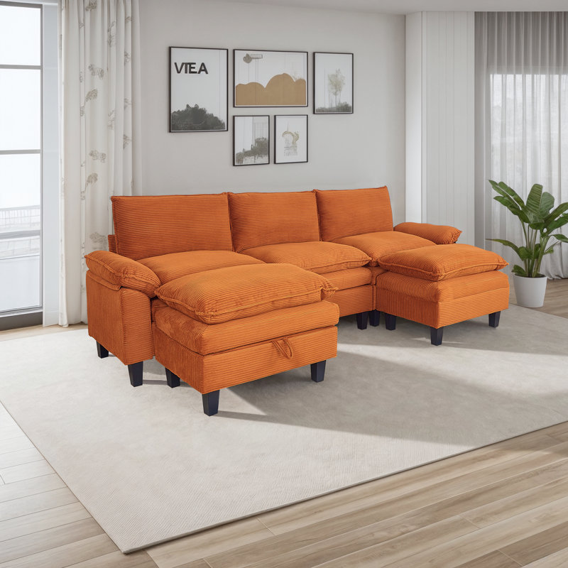 Canapé modulaire modulaire avec accoudoirs 118 po L 118 po Corduroy, Velours côtelé orange