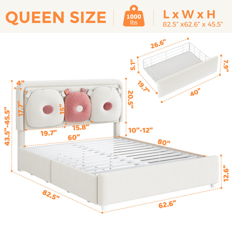 Selene Kids Princess Bed With Adjustable Headboard, Led Lights & Storage - Boucle Upholstered, Beige, Queen