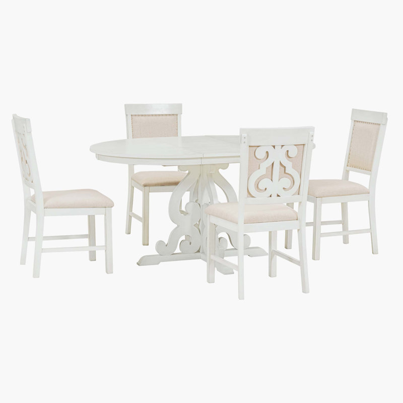 White Extendable Round Pedestal Dining Table Set with Upholstered Chairs