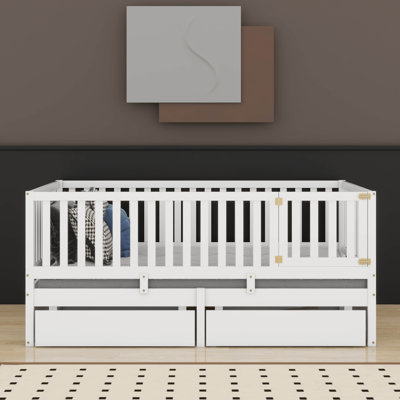 Wood Daybed With Fence Guardrails And Drawers