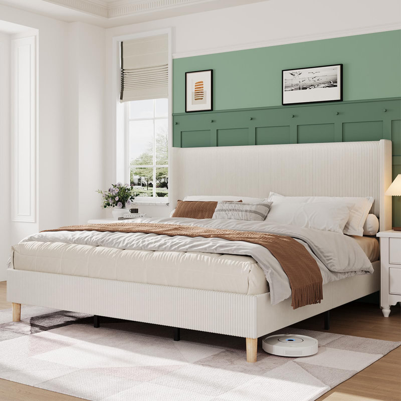 Queen Size Corduroy Upholstered Platform Bed Frame with Vertical Channel Tufted Wingback Headboard, Sturdy Wooden Slats,Easy Assembly, Cream