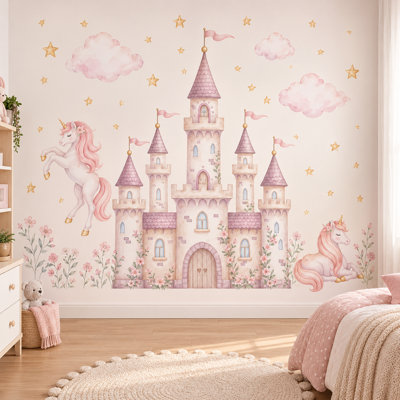 Décalcomanie de princesse château, art mural de conte de fées, art mural licorne, adhésifs muraux amovibles