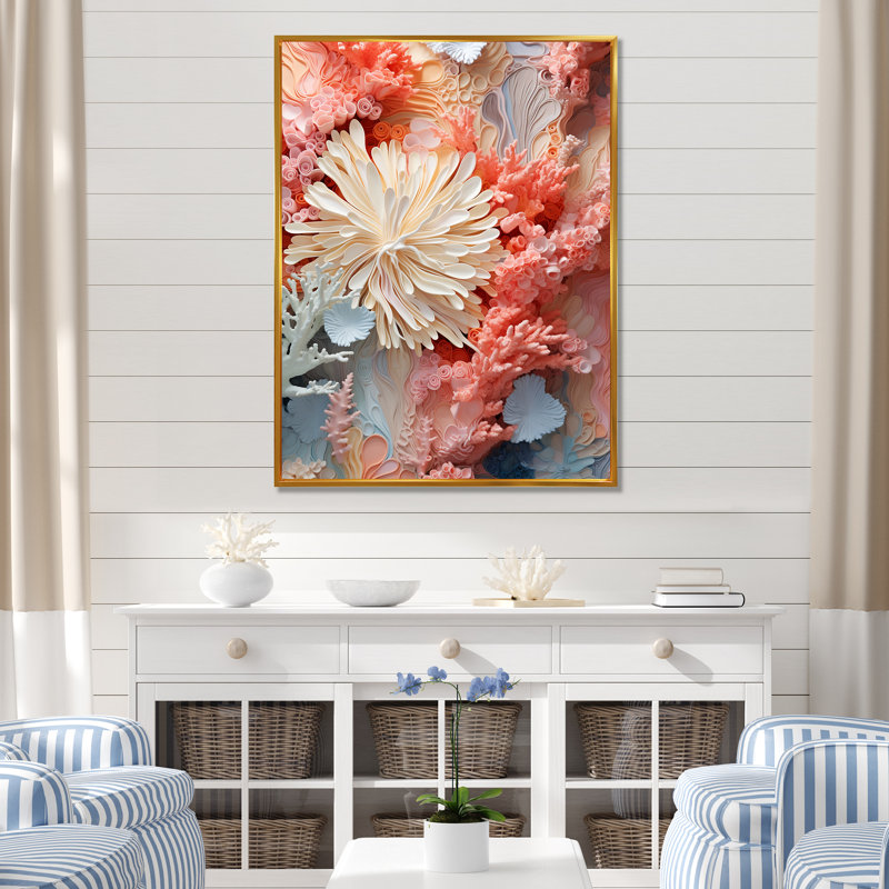 «Pink and White Coastal Coral Collage IV - Coastal Coral Under Water», reproduction sur toile encadrée, Cadre flottant doré