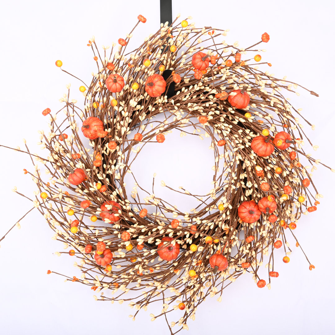 24" Faux Fall Thanksgiving Day Pumpkin Berry Wreath for Front Door The Holiday Aisle® Wreath