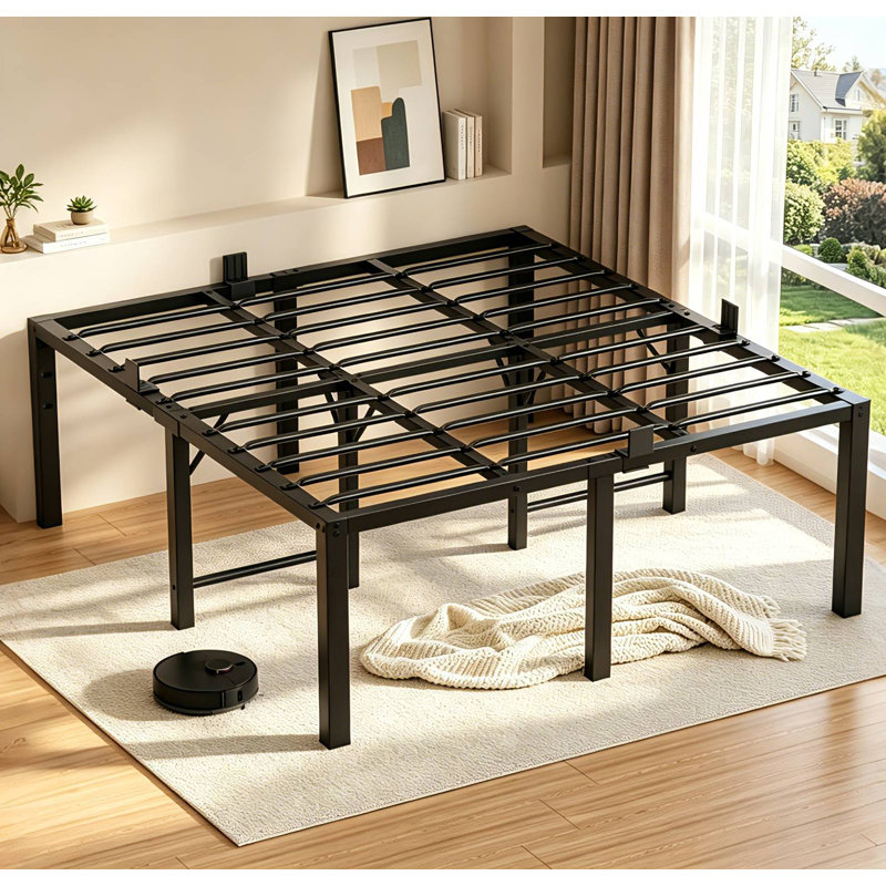 Cadre de lit très grand de 18 pouces de hauteur avec espace de rangement, sommier robuste et robuste, facile à assembler, sans sommier tapissier, noir