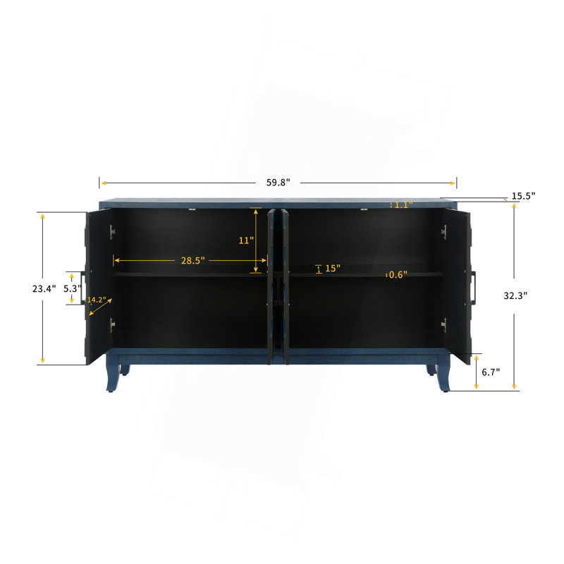 Retroy Vintage 4-Door Credenza Cabinet - 60" Navy Blue Storage Buffet With M-Shaped Panel Doors, Solid Wood Base For Dining Room & Living Room