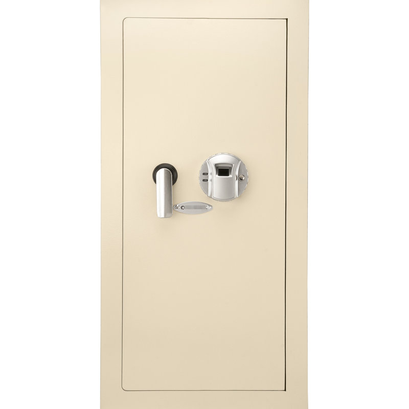 Coffre-fort mural beige biométrique de 0,82 pi³, construction solide avec tablette amovible et ouverture à droite pour mur, acier robuste et pratique