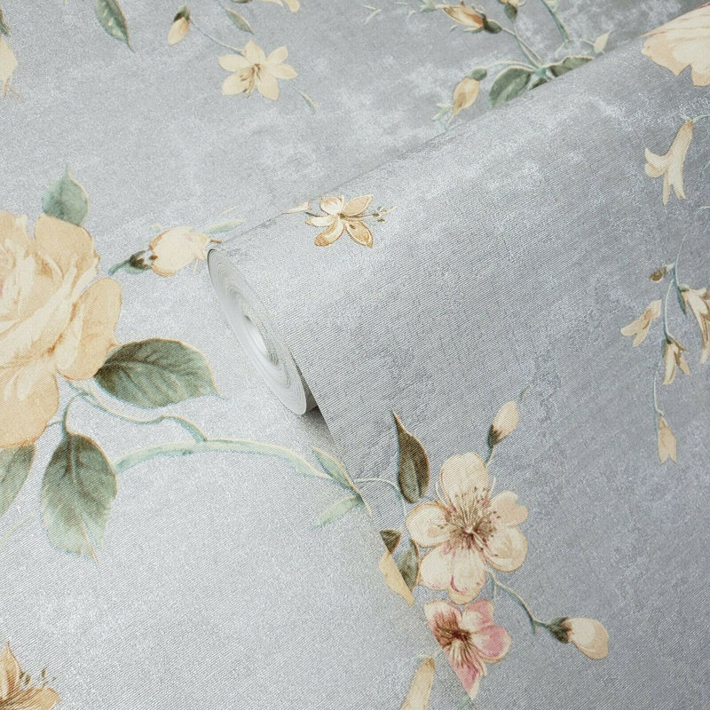 Samarkanda floral Wallpaper pink flowers rustic Gray Silver Metallic faux plaster