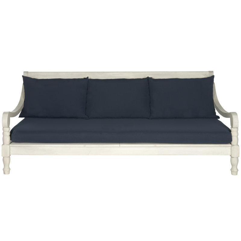 71.7'' Wide Straight Acacia Patio Daybed with Cushions, Antique White, Navy