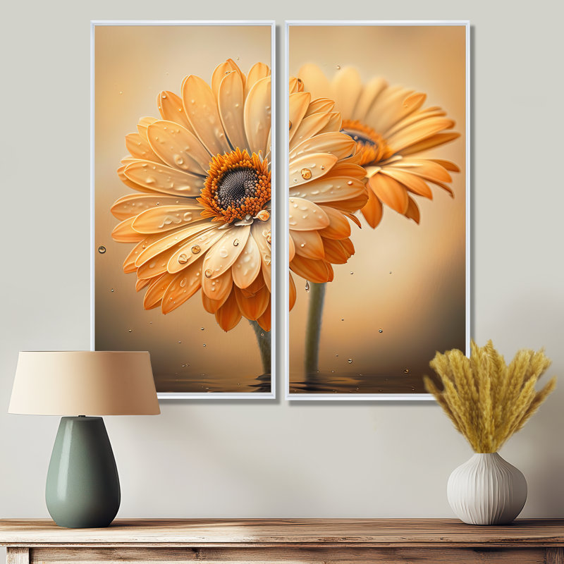 "Orange" et marguerites blanches I - art mural traditionnel bleu 2 pièces, H 20 po x l 24 po, Blanc