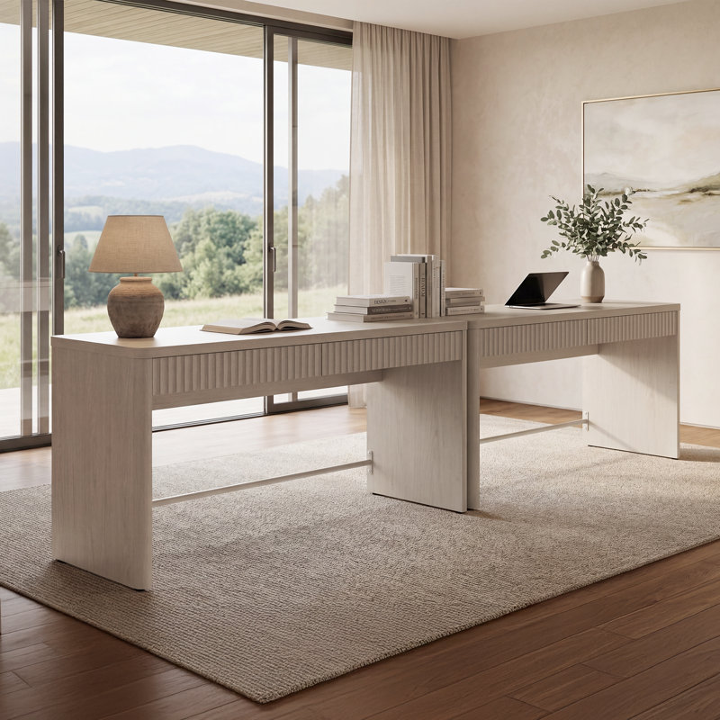 2 bureaux modernes cannelés l 48,86 po avec 2 tiroirs de rangement cachés, Aulne blanc