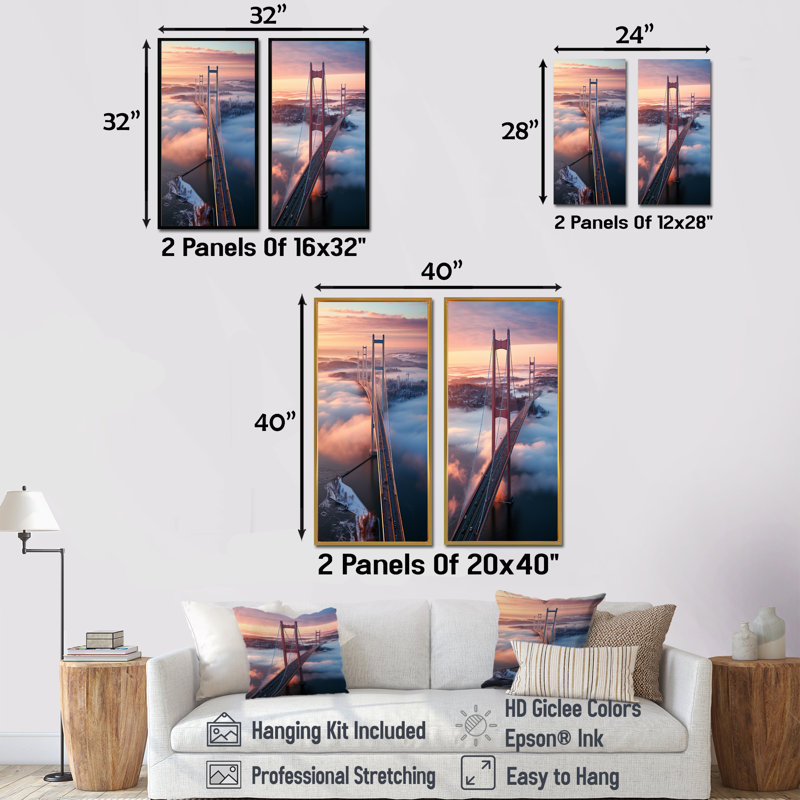 «Blue and Pink Bridge Sunset Views I», ensemble de 2 reproductions d'art mural, Cadre flottant doré, H 40 po x l 41 po