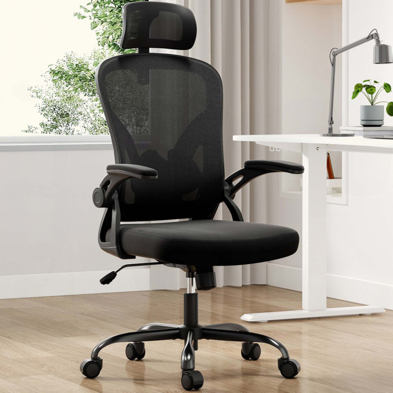 Ergonomic Mesh High Back Office Chair, Adjustable Rotatable Headrest & Vertical Lumbar Support Desk Chair with Flip-Up Armrests, 90°-120° Rocking Computer Chair for Office Study Gaming Room