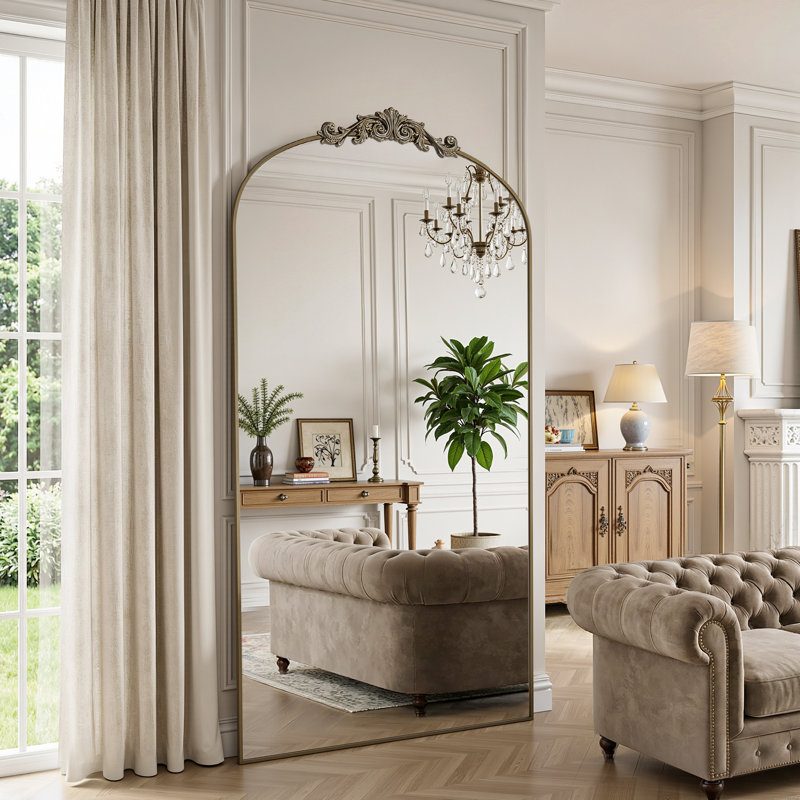 Miroir arqué rétro pleine longueur avec miroirs de plancher sculptés et surdimensionnés pour HomeDecor, 82 po x 44 po, Bronze