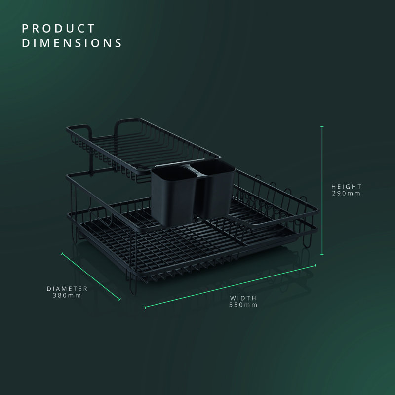 Swan SWKA5070BLK Stealth 15 Plate Dish Rack with Removable Cutlery Holder, Drip Tray, Space Saving Two Tier Design, Iron Body, Black