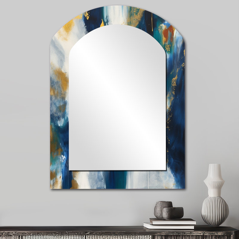 Abstrait profond en bleu royal et or V - peinture abstraite grand miroir asymétrique, décor de miroir mural unique arche moderne, impression d'art en métal