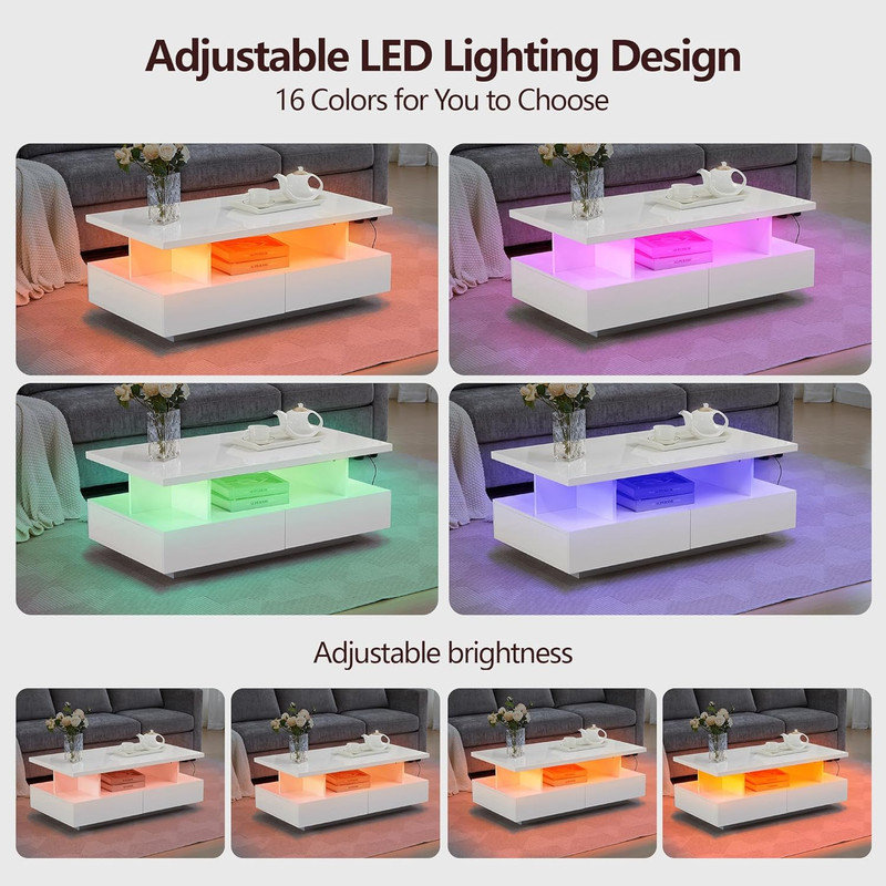 Modern LED High Gloss Coffee Table - 4 Drawers & Open Shelf | Rectangular Wood Centre Table with Storage for Living Room