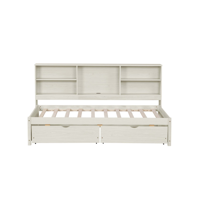 Bed Frame With Side Bookshelves, Two Drawers, And Built-In USB Port, Creamy White