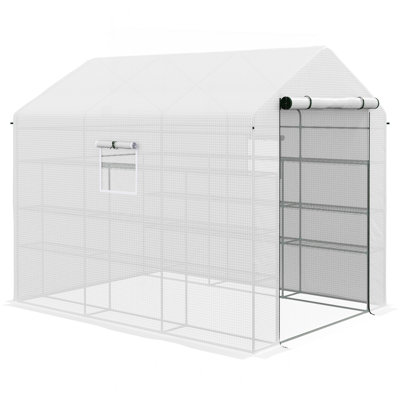 8' X 6' X 7' Walk-In Greenhouse With Mesh Door And Windows, 18 Shelf Green House With Trellis, Plant Labels, UV Protective For Growing Flowers, Herbs, Vegetables, Saplings, White