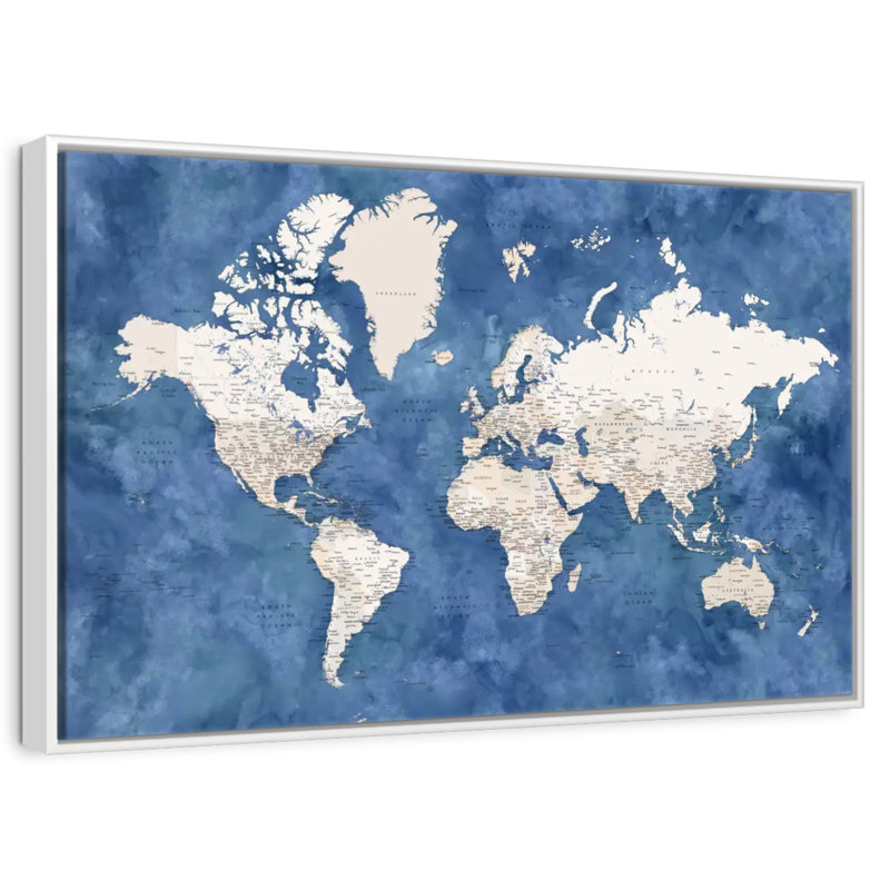 Carte détaillée du monde avec les villes I, 13 po x 9 po, Cadre flottant blanc