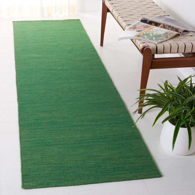 Kilim Hand Loomed Wool/Cotton Rug in Green, Runner 2'3" x 9'