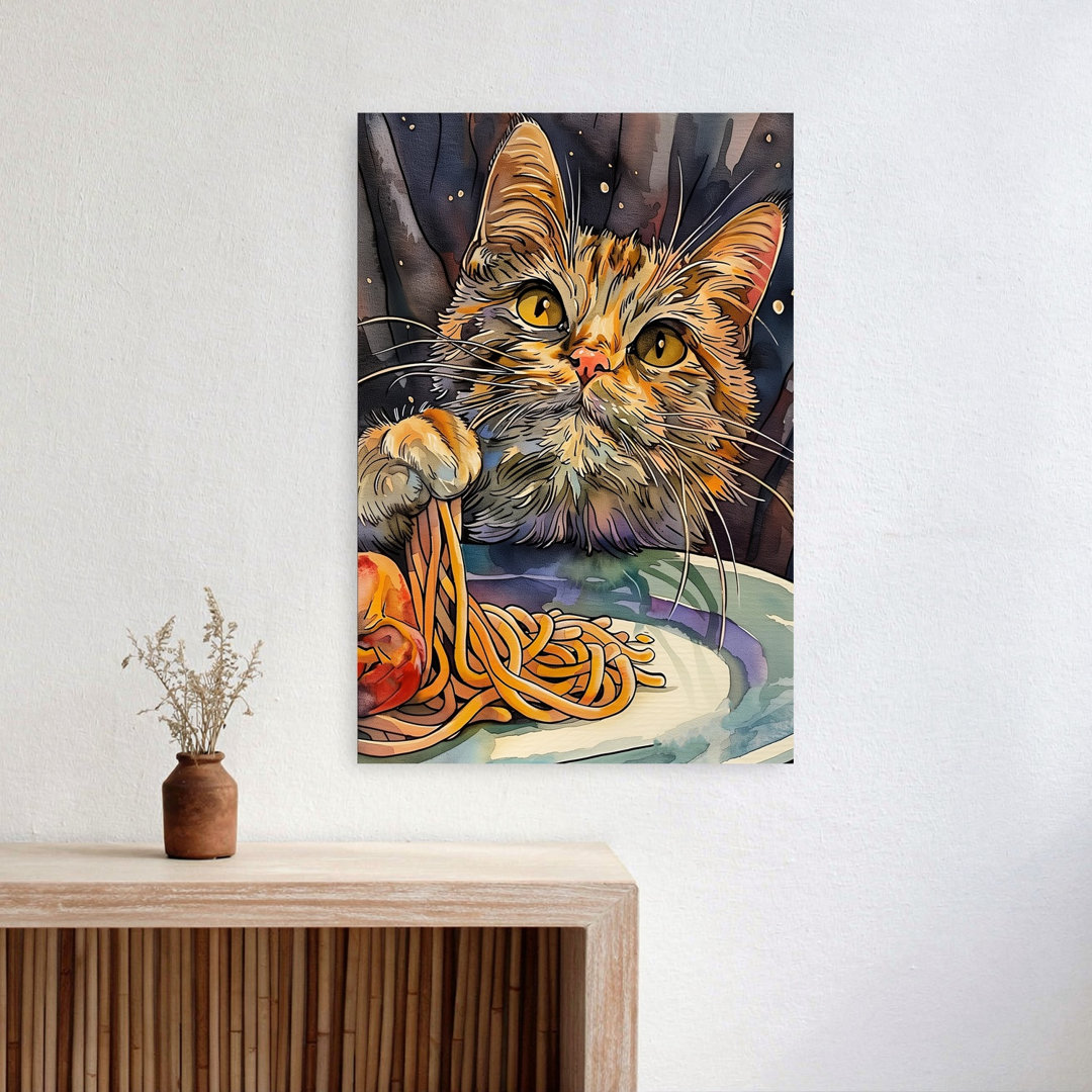 Cat'S Spaghetti Dinner Playful Whimsical Contemporary Cat Wall Art Print