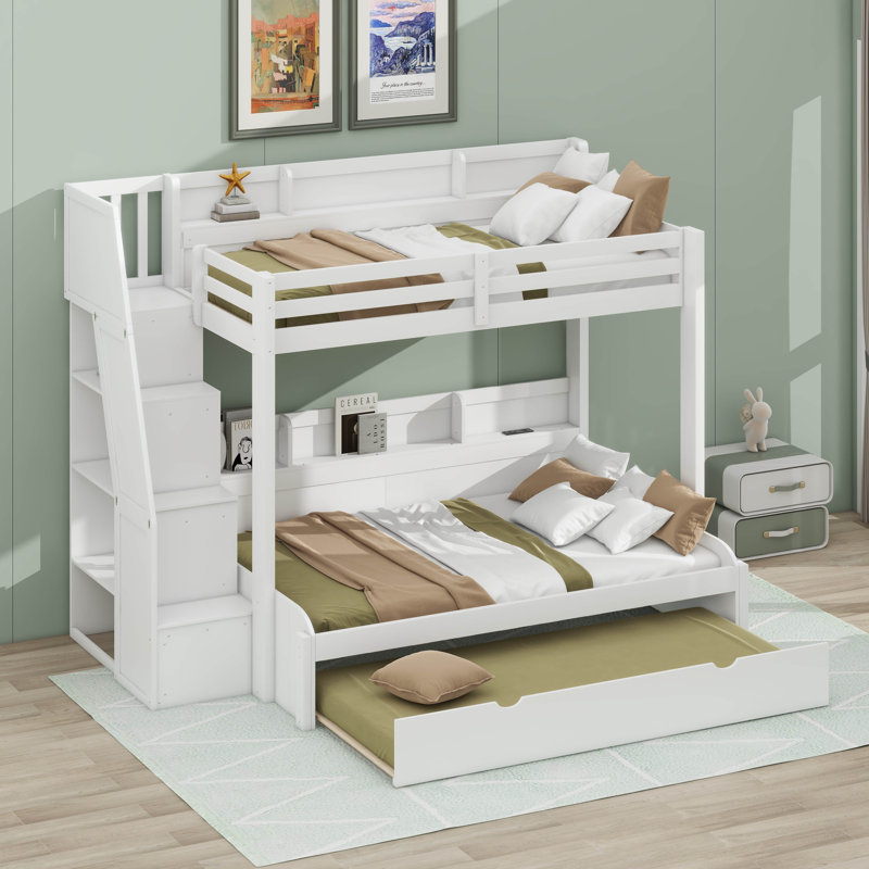 Structure de lit simple superposé avec lit gigogne et escalier de rangement, lit plateforme en bois avec tablettes de rangement, garde-corps et station de charge