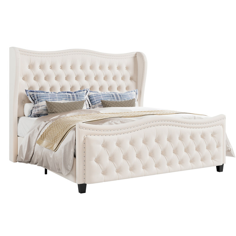 Jinita Upholstered Wingback Bed, Queen, Beige