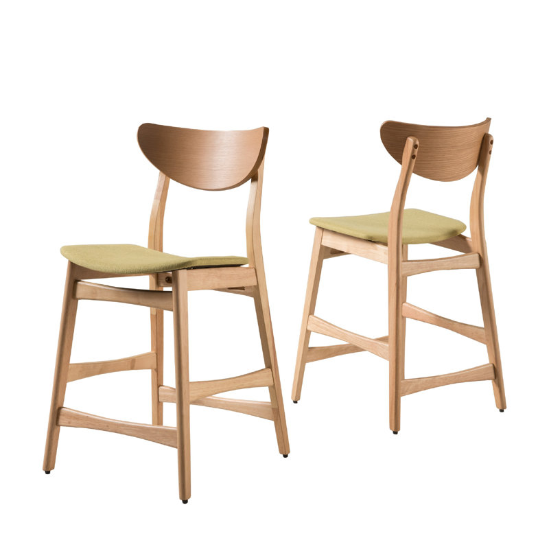Ensemble de 2 chaises à hauteur de comptoir Zily, siège vert, bois brun naturel