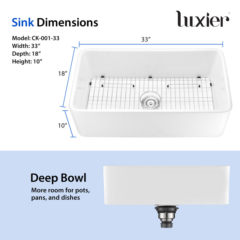 33 in. Rectangular Farmhouse Apron Single Bowl White Ceramic Kitchen Sink with Grid and Strainer