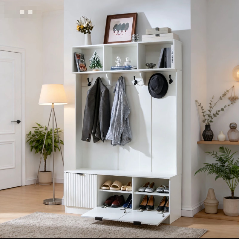 49.6 " 5-in-1 Hall Tree With Bench, Shoe Storage & 3 Open Storage Cabinets, Farmhouse Hall Tree With High Gloss Fluted Doors For Hallway Living Room,white