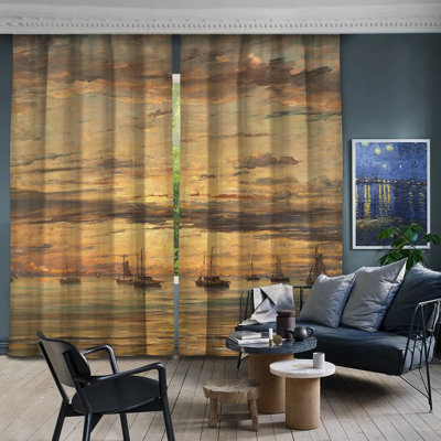 Sunset at Scheveningen: A Fleet of Fishing Vessels at Anchor Masterpiece Lined Curtain Panels