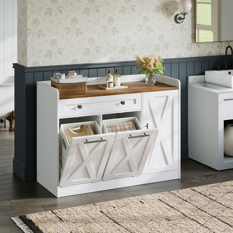 Tilt-Out Laundry Hamper Cabinet With Drawer,And 2 Removable Baskets And 1Door, Farmhouse Laundry Organizer, Two 12-Gallon Laundry Baskets,Particleboard Storage For Bathroom