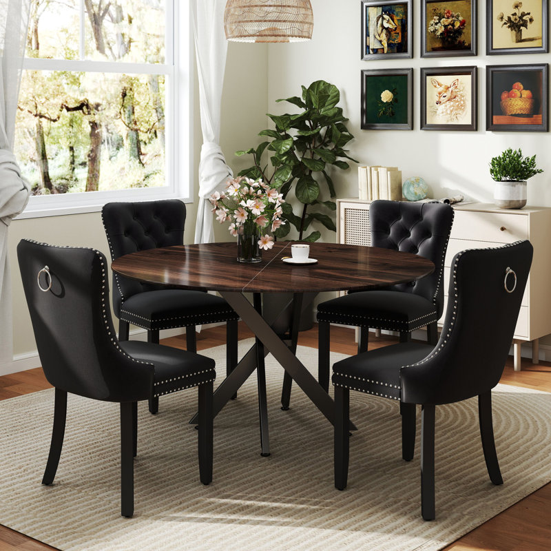 Round Wood Dining Set with Tufted Dining Chair, Black, Brown