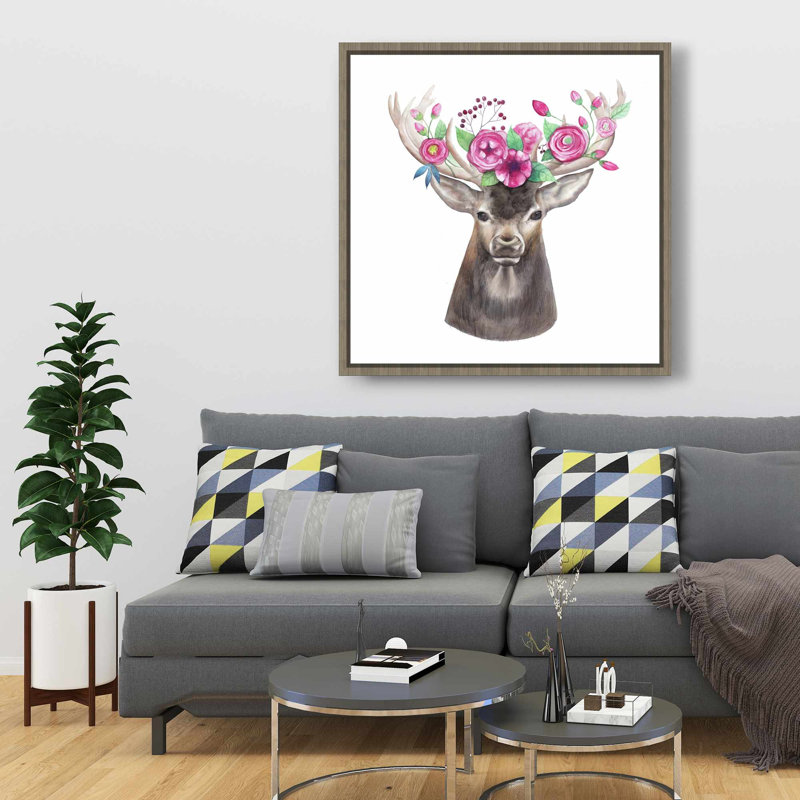 Tête de cerf avec fleurs - décor de toile romantique encadrée