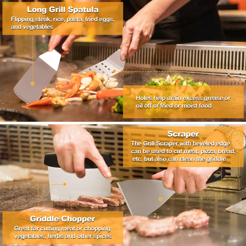 29-Piece Stainless Steel Griddle Grill Tool Set with Plastic Handles