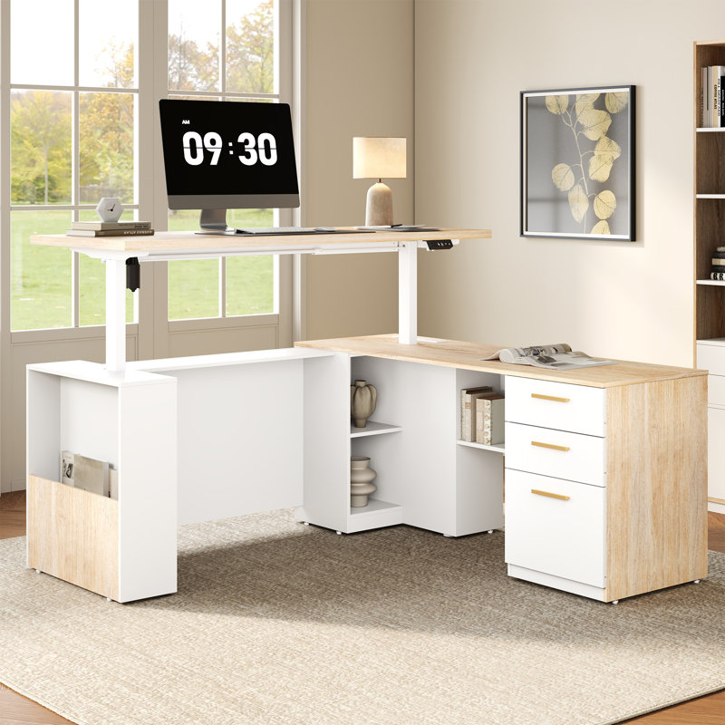 Adonia 63" W L-Shaped Electric Height Adjustable Standing Desk With 3 Drawers File Cabinet, Privacy Panel, AC/USB , Sit-Stand Home Office Corner Desk, Light Walnut