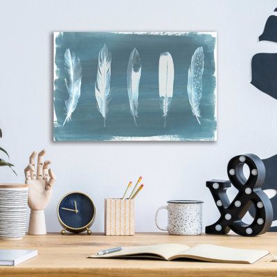 'Feathers on Dusty Teal' by Grace Popp, Acrylic Glass Wall Art
