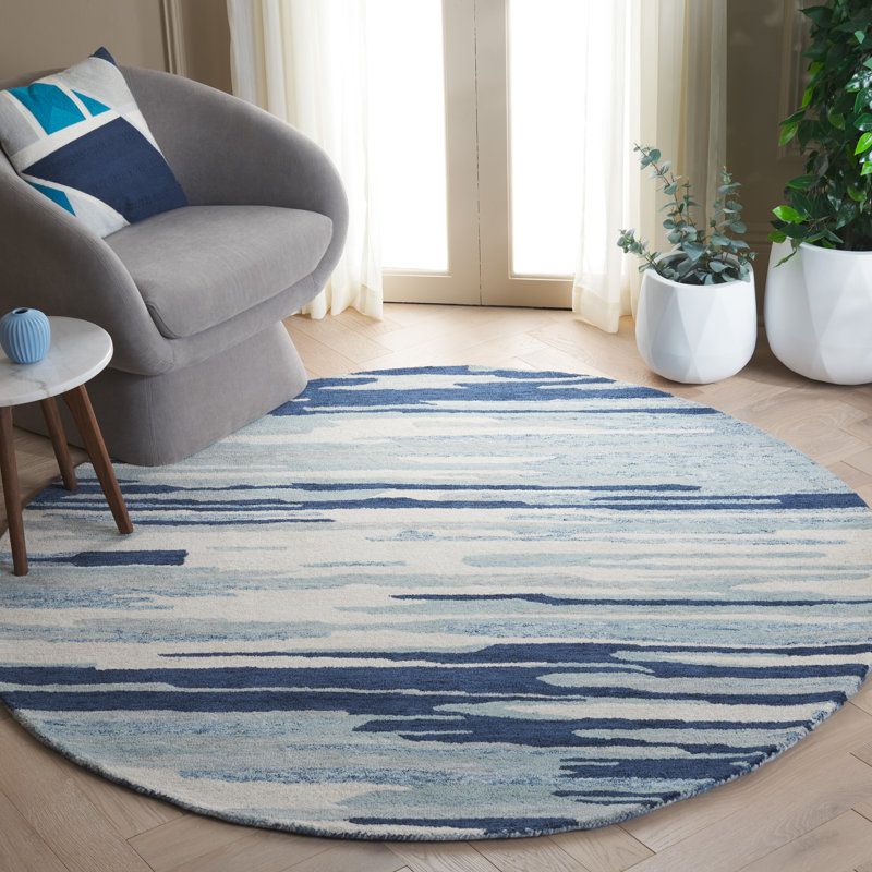Jhenifer Tufted Wool Cotton Performance Abstract Rug in Blue/Ivory, Round 6'