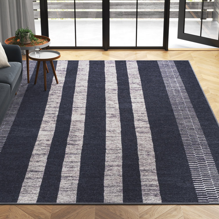 Zipporah Geometric Striped Machine-Washable Black/Ivory Rug